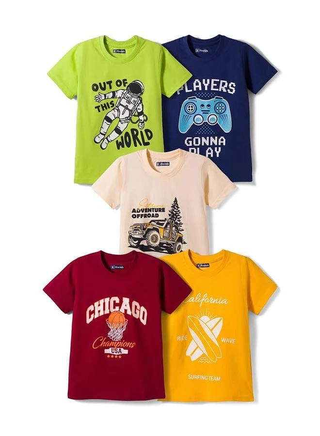 Pine Kids Pine Kids Cotton Slogan Graphic Printed Half Sleeve T-Shirts (Pack of 5) - Multicolour