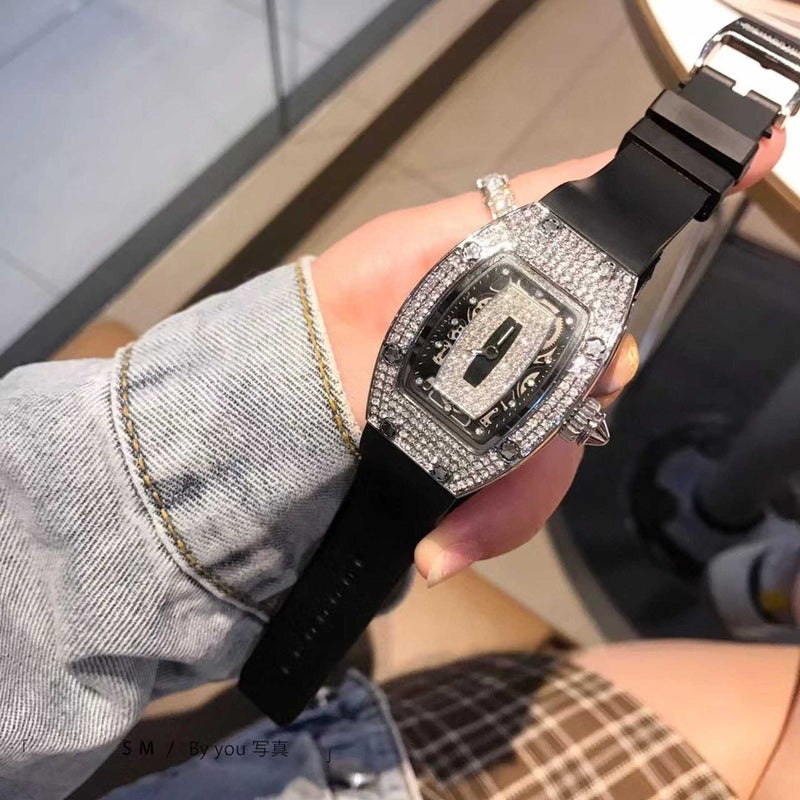 Barrel-Shaped Rhinestone Quartz Womens Watch Black