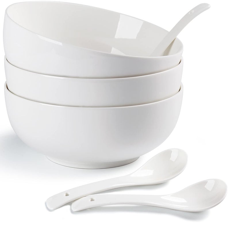 Houlu 55 oz Large Soup Bowl 8 inch Ramen Bowl Set Pho Bowls and Spoons Set of 3 Off White Porcelain Serving Bowls