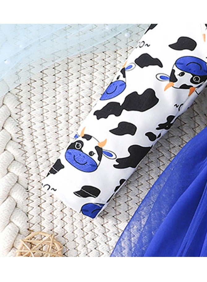 Baby Girl Birthday Party Dress, 9-12 Months, Cartoon Cow Print Top with Blue Tulle Skirt and Big Bow, Special Occasion and Everyday Toddler Outfit, Cute Long Sleeve Infant Dress - Image 5