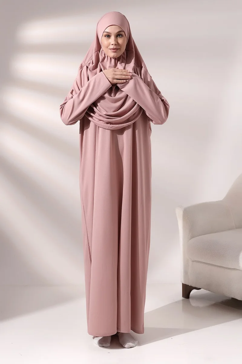 İhvan Ihvan Dusty Rose Women's Practical Headscarf One-Piece Prayer Dress with Bag