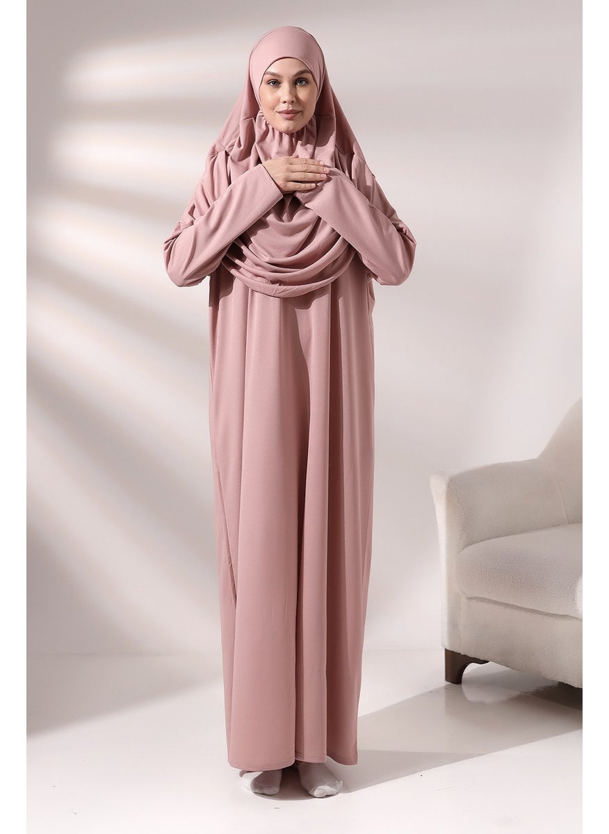 İhvan - Ihvan Dusty Rose Women's Practical Headscarf One-Piece Prayer Dress with Bag - Image 1