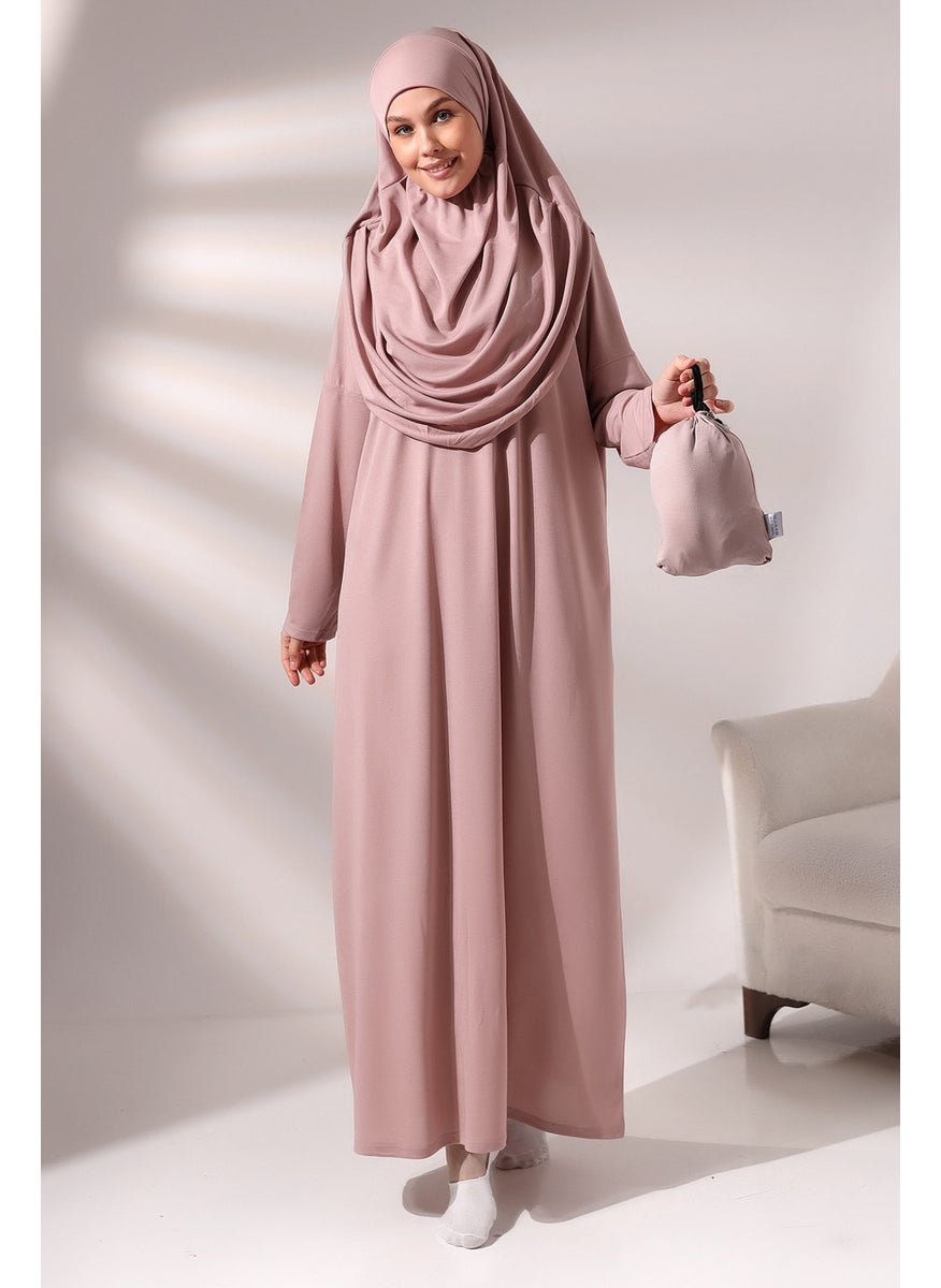 İhvan - Ihvan Dusty Rose Women's Practical Headscarf One-Piece Prayer Dress with Bag - Image 1