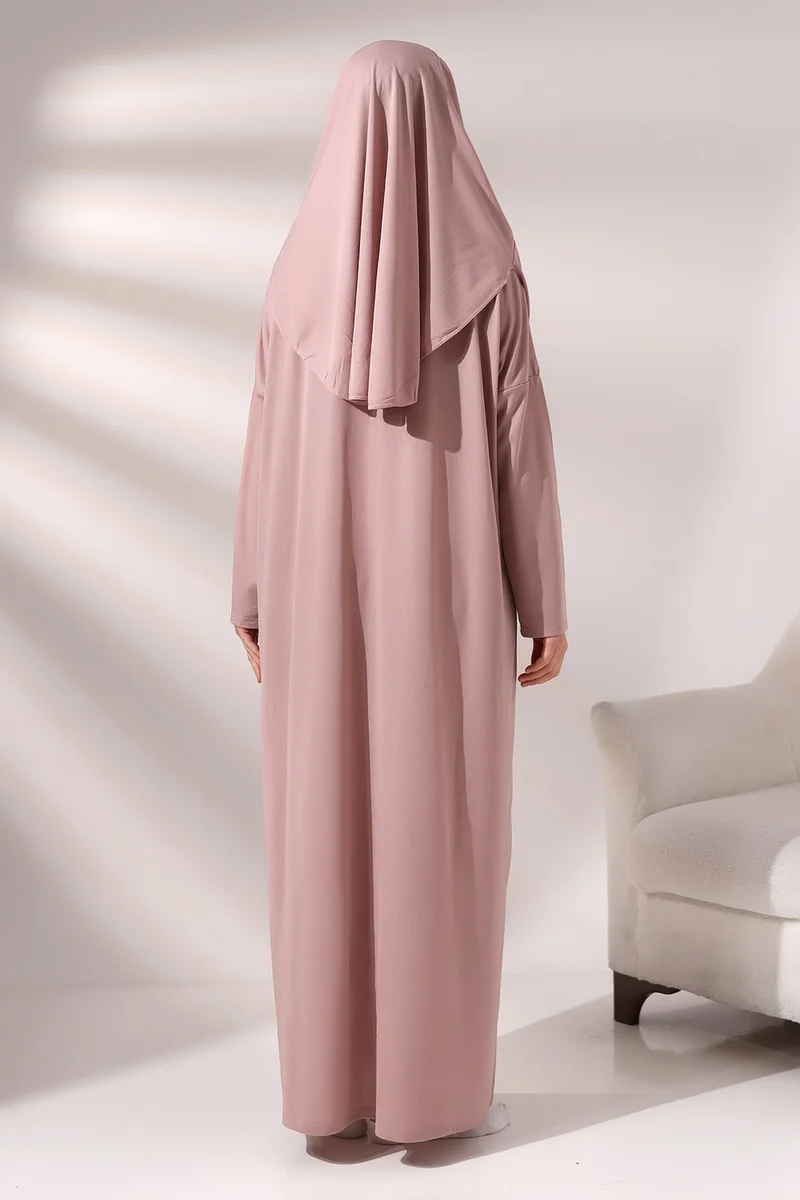 İhvan Ihvan Dusty Rose Women's Practical Headscarf One-Piece Prayer Dress with Bag
