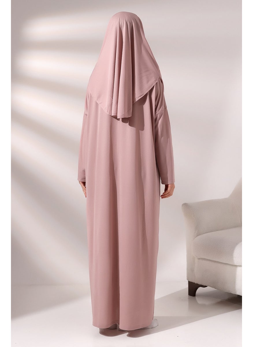 İhvan - Ihvan Dusty Rose Women's Practical Headscarf One-Piece Prayer Dress with Bag - Image 1