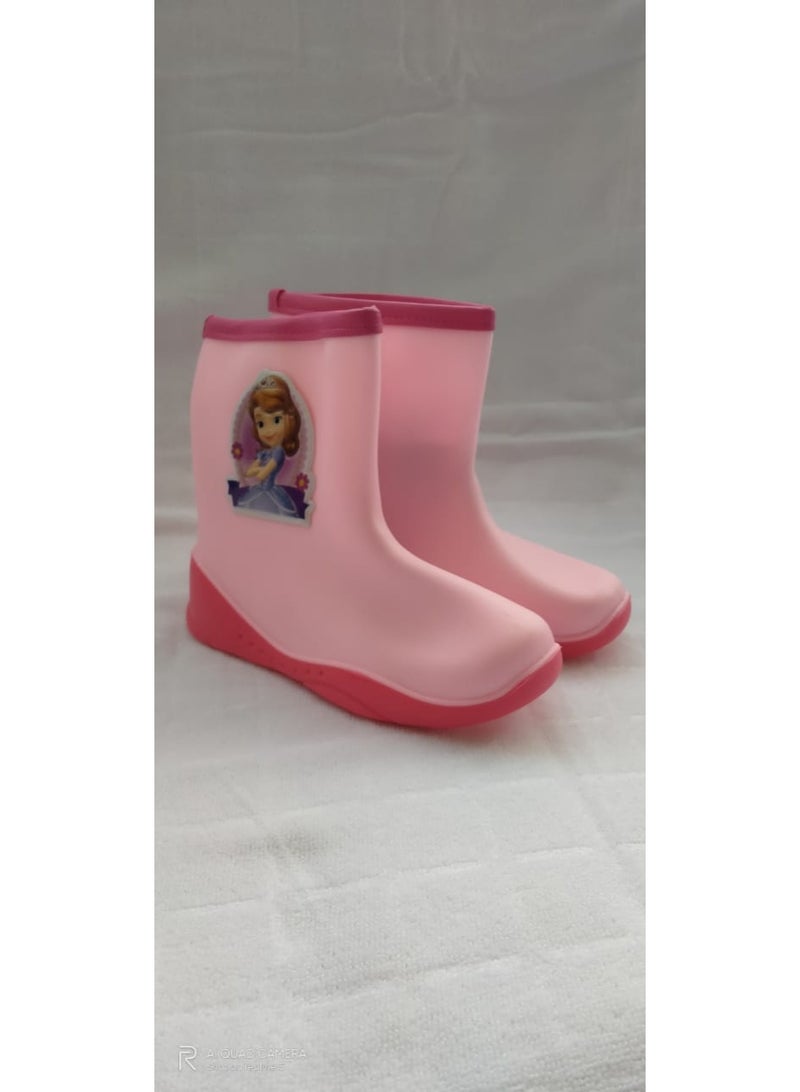بوت مطر سيليكون للبنات – لون بينك مقاوم للماء بشخصية صوفيا (مقاس 32–33)