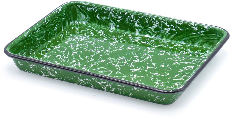 Red Co. 11" x 9" Enamelware Metal Classic 2 Quart Rectangular Serving Tray, Dark Green Marble/Black Rim - Splatter Design - Image 1