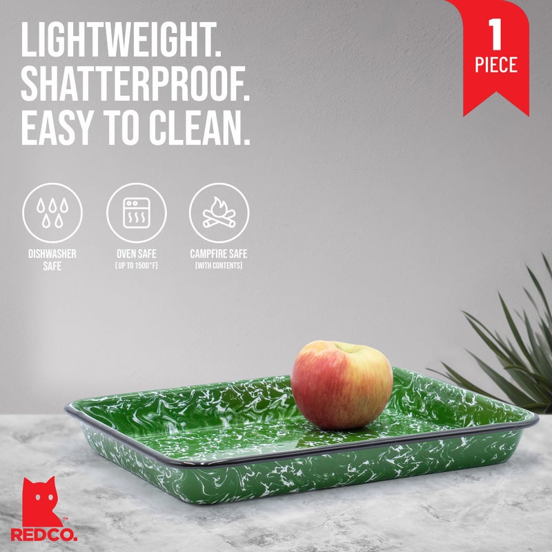 Red Co. 11" x 9" Enamelware Metal Classic 2 Quart Rectangular Serving Tray, Dark Green Marble/Black Rim - Splatter Design - Image 4