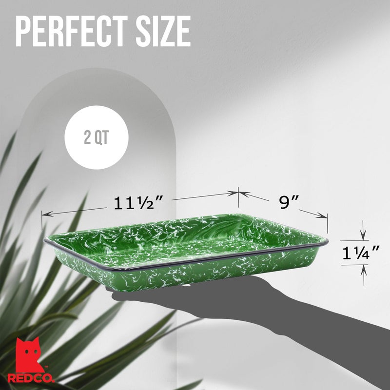 Red Co. 11" x 9" Enamelware Metal Classic 2 Quart Rectangular Serving Tray, Dark Green Marble/Black Rim - Splatter Design - Image 3