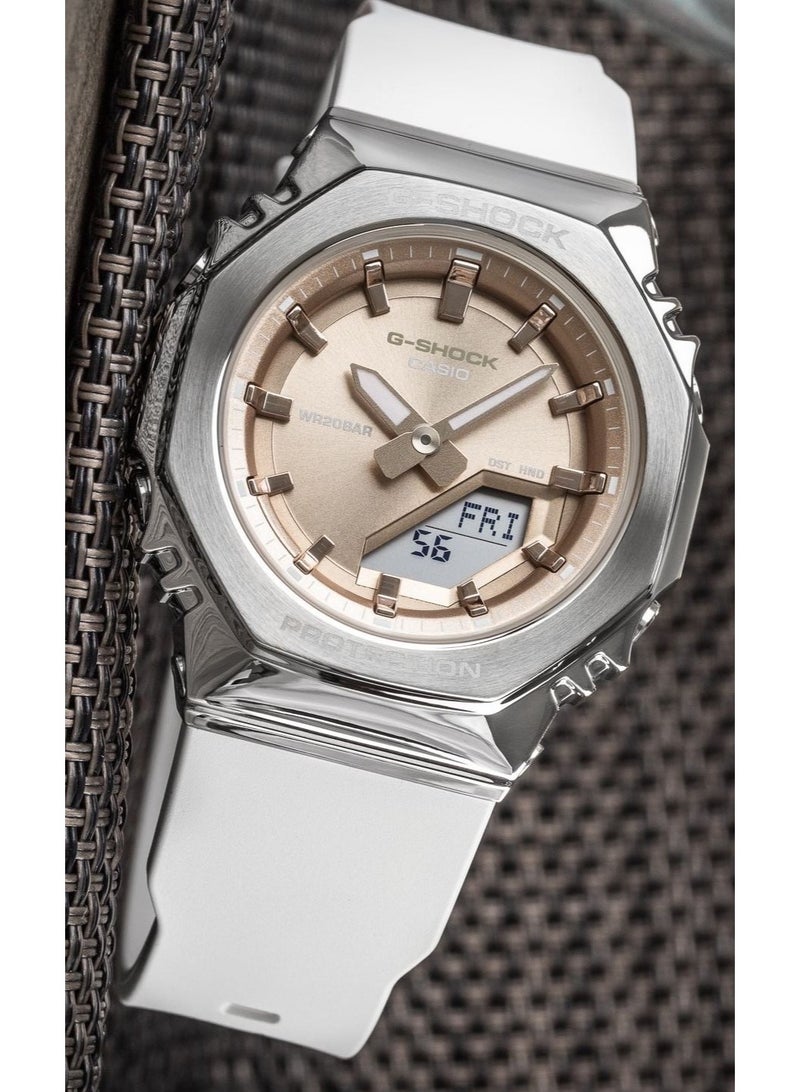 G-SHOCK Analog‑Digital Women's Watch GM‑S2110‑7A9, 45.9 mm Gold Dial with Silver Metal Bezel, White Bio‑Resin Band, 200 m WR - Image 1