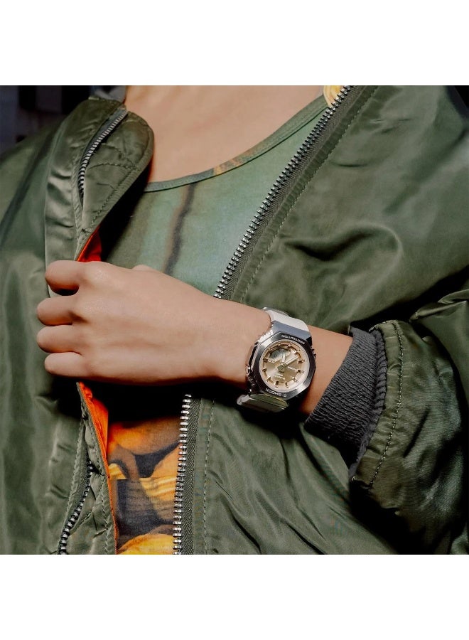 G-SHOCK Analog‑Digital Women's Watch GM‑S2110‑7A9, 45.9 mm Gold Dial with Silver Metal Bezel, White Bio‑Resin Band, 200 m WR - Image 2