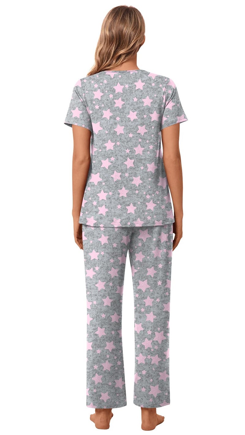 POPYOUNG Women's Pajama Sets Summer Ladies Pjs 2 Piece Short SLeeve Loungewear Soft Lightweight Sleepwear L, Pink Star-gray - Image 5