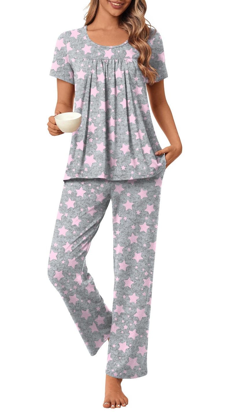 POPYOUNG Women's Pajama Sets Summer Ladies Pjs 2 Piece Short SLeeve Loungewear Soft Lightweight Sleepwear L, Pink Star-gray - Image 2