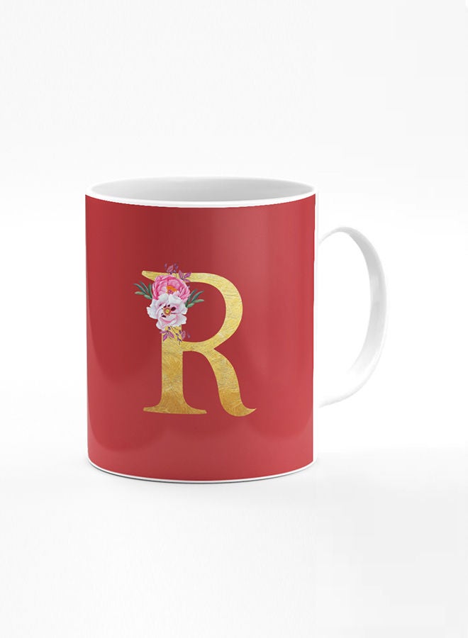 Stylizedd Designer Printed Coffee Mug 11oz Ceramic Personalised Gift Mugs Cup -Custom Monogram Initial Letter Floral Pattern Alphabet - R (Red Brown) - Image 1