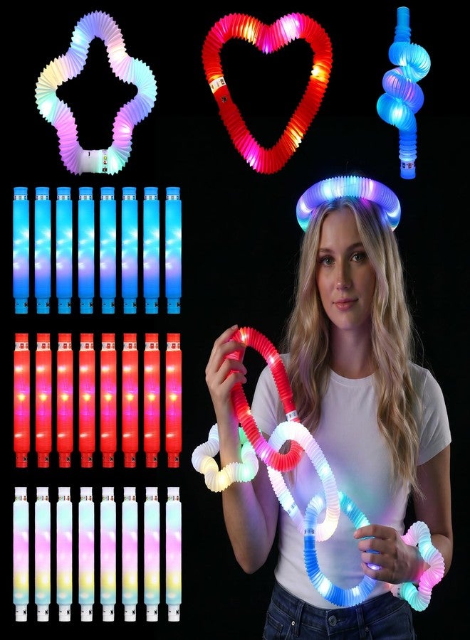Beeplove 24pcs 4th of July Party Favors Glow Sticks - 3 Lighting Modes, Flashing Red White and Blue Pop Tubes, Patriotic Independence Day Accessories Glow Items - Image 1