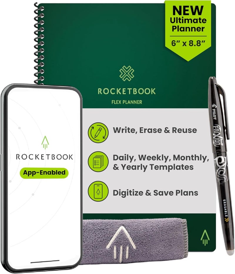 Rocketbook Flex Reusable Planner, Smart Undated, Daily, Weekly, Monthly, Annual Calendar Templates, Executive Size 6X8.8, Green (Pack of 1) - Image 1