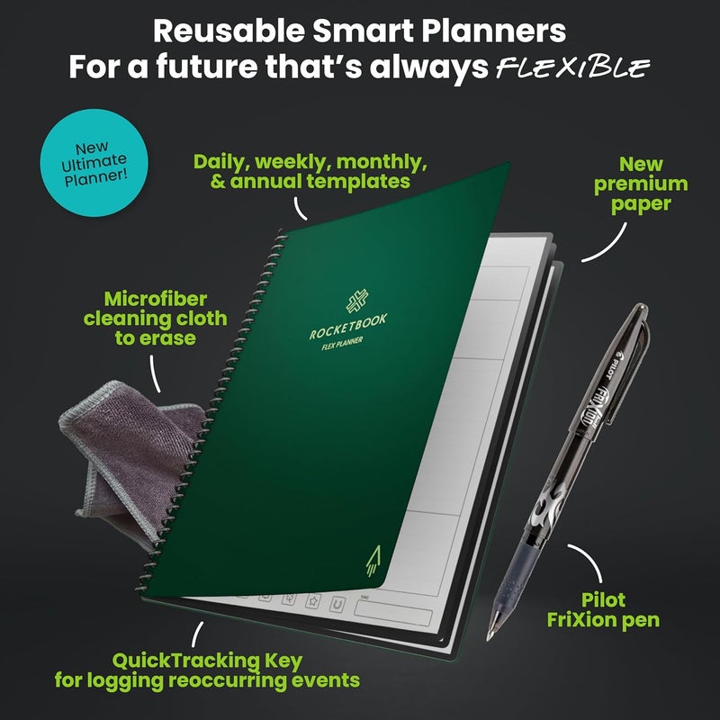 Rocketbook Flex Reusable Planner, Smart Undated, Daily, Weekly, Monthly, Annual Calendar Templates, Executive Size 6X8.8, Green (Pack of 1) - Image 3