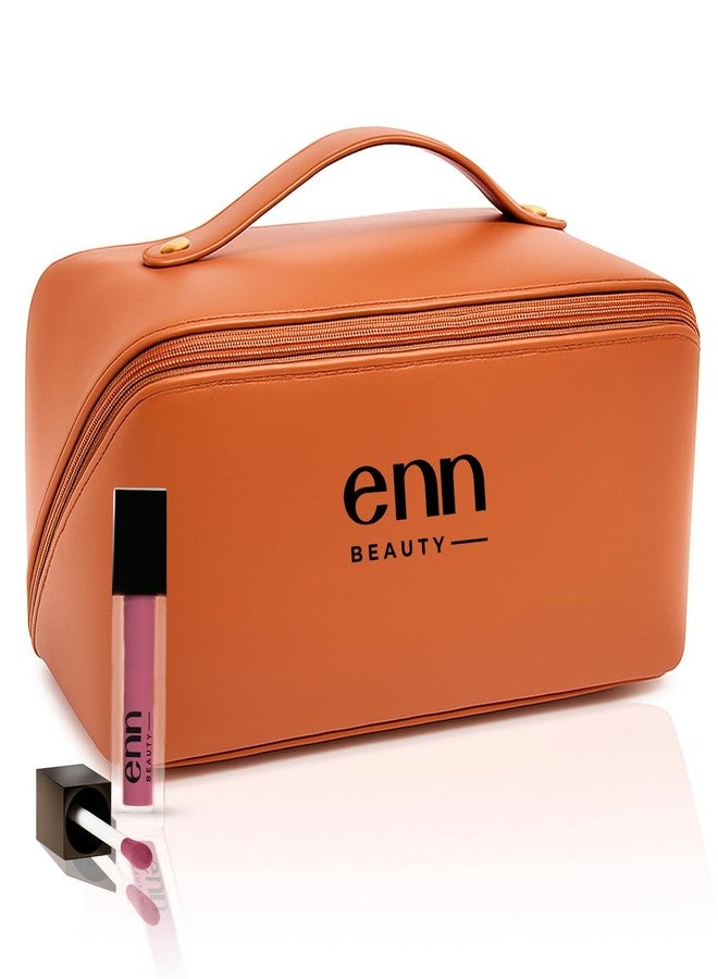 ENN Beauty Makeup Organiser Travel Bag for Women – Waterproof Cosmetic Pouch Bag, Compact & Stylish Makeup Storage Tote for Travelling (Brown) with One Free Lipstick - Image 1