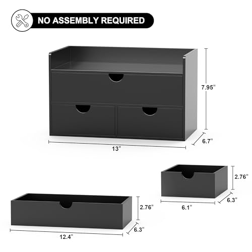 Wisuce Bamboo Desk Organizer - Mini Bamboo Desk Drawer Tabletop Cosmetic Storage Organization for Office or Home Black with Shelf - Image 2