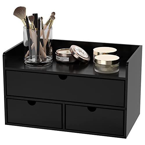 Wisuce Bamboo Desk Organizer - Mini Bamboo Desk Drawer Tabletop Cosmetic Storage Organization for Office or Home Black with Shelf - Image 1