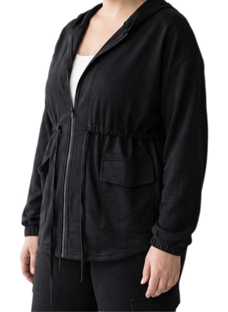 Women's 2 Piece Cargo Lounge Set Full Zip Hoodie Jacket with Adjustable Ruched Waist High Rise Wide Leg Flare Cargo Pants Soft Cotton Blend Casual Tracksuit Travel Outfit Comfortable Matching Set for Women Black - Image 3
