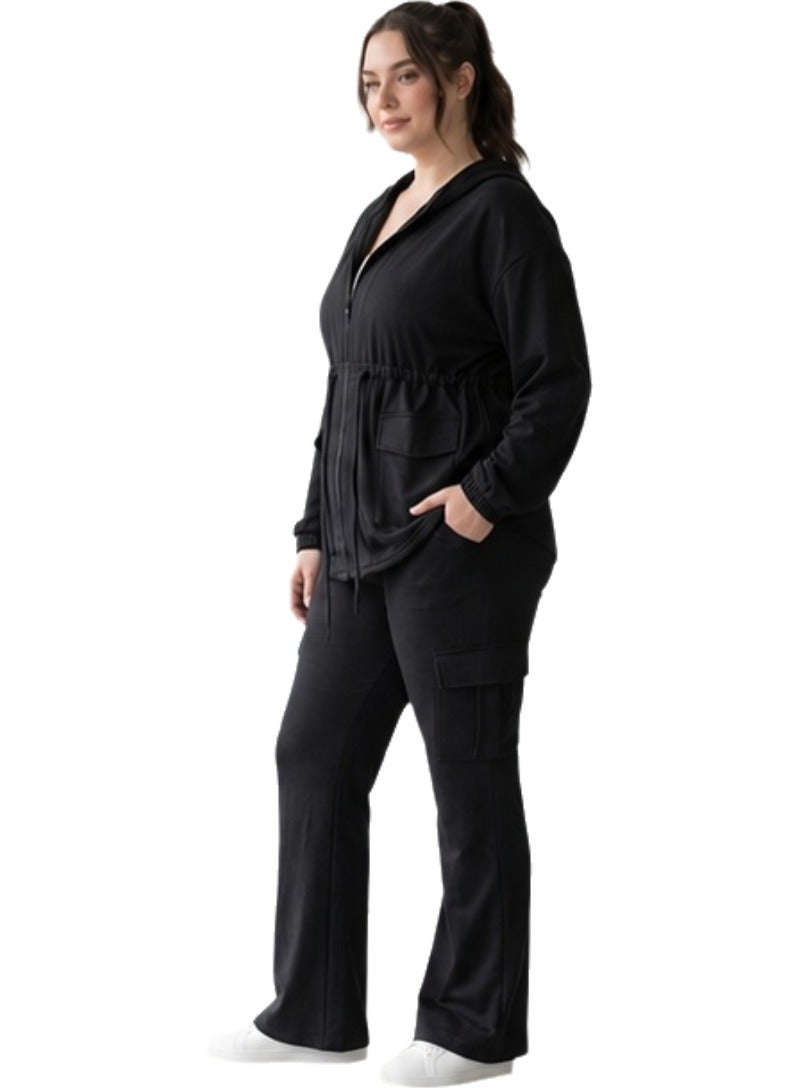 Women's 2 Piece Cargo Lounge Set Full Zip Hoodie Jacket with Adjustable Ruched Waist High Rise Wide Leg Flare Cargo Pants Soft Cotton Blend Casual Tracksuit Travel Outfit Comfortable Matching Set for Women Black - Image 4