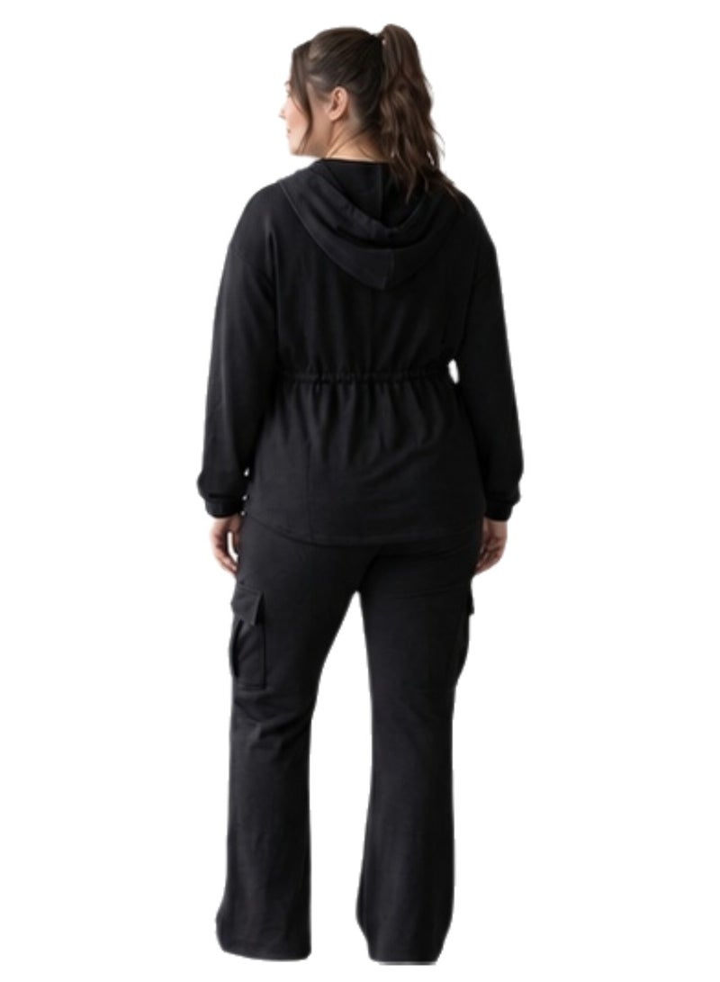 Women's 2 Piece Cargo Lounge Set Full Zip Hoodie Jacket with Adjustable Ruched Waist High Rise Wide Leg Flare Cargo Pants Soft Cotton Blend Casual Tracksuit Travel Outfit Comfortable Matching Set for Women Black - Image 5