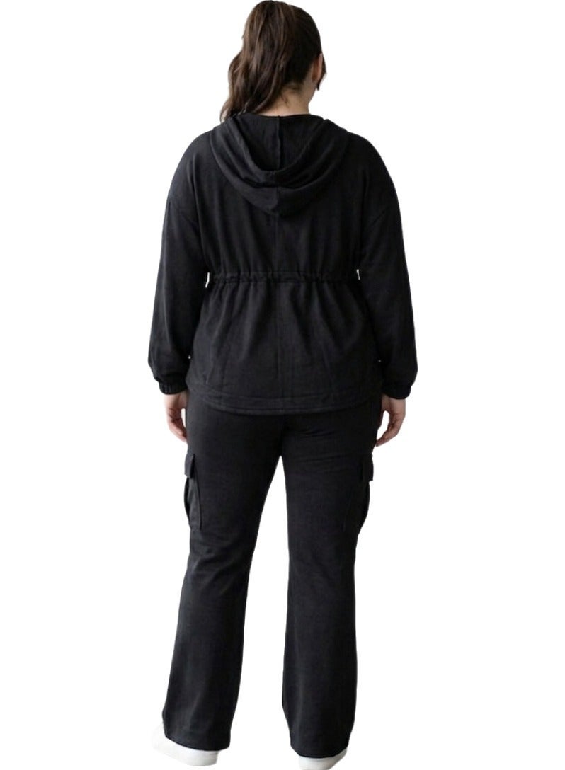Women's 2 Piece Cargo Lounge Set Full Zip Hoodie Jacket with Adjustable Ruched Waist High Rise Wide Leg Flare Cargo Pants Soft Cotton Blend Casual Tracksuit Travel Outfit Comfortable Matching Set for Women Black - Image 2