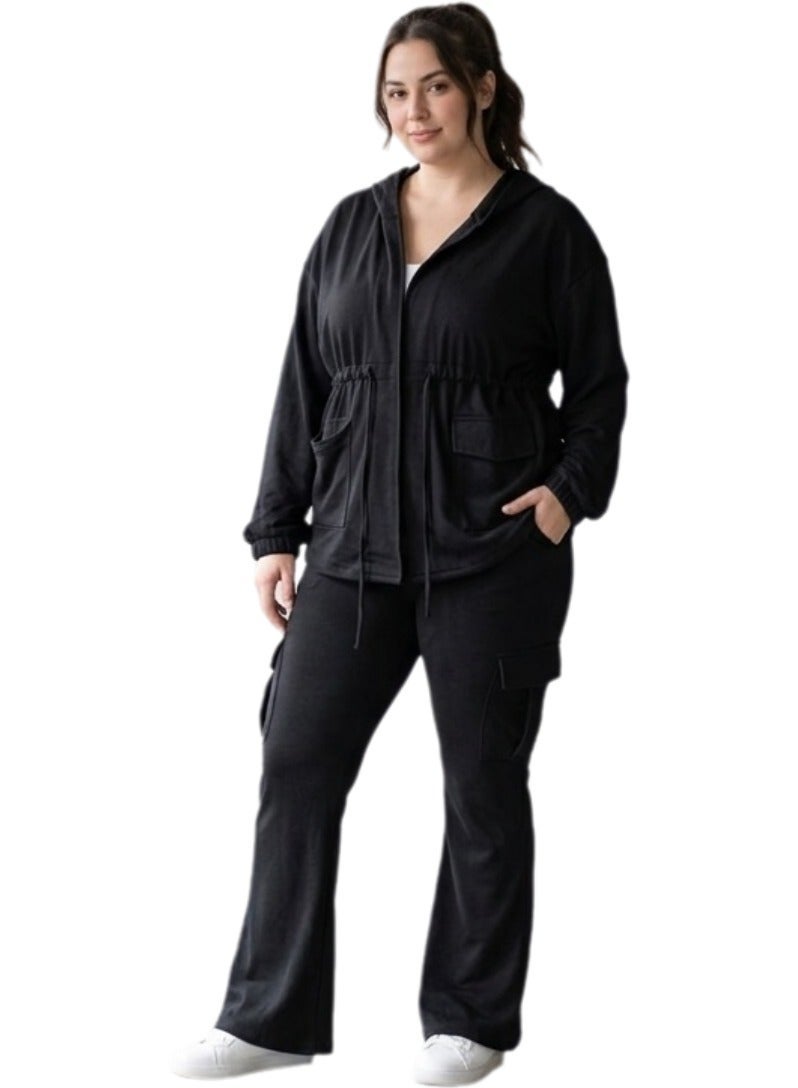 Women's 2 Piece Cargo Lounge Set Full Zip Hoodie Jacket with Adjustable Ruched Waist High Rise Wide Leg Flare Cargo Pants Soft Cotton Blend Casual Tracksuit Travel Outfit Comfortable Matching Set for Women Black - Image 1