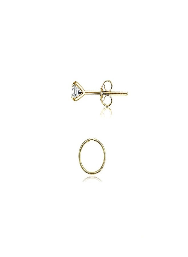 Hoops 4 Less 2 Pairs 14K Gold Unisex 10mm Mini Small Continuous Endless Hoops and Tiny Round 2mm CZ Stud Earrings Set - Image 2