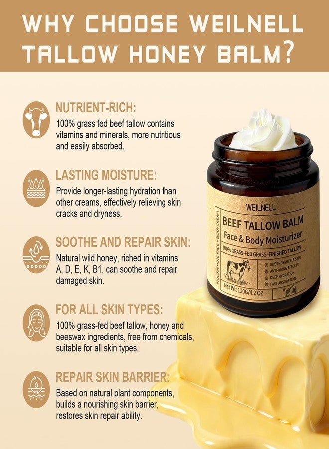 WEILNELL Beef Tallow Cream for Face & Body, Beef Tallow and Honey Balm - 100% Grass-Fed Beef Tallow, Natural Honey & Beeswax Moisturizer, Deep Hydration & Nourishment, Unscented & Oil-Free, Fast Absorbing - Image 3