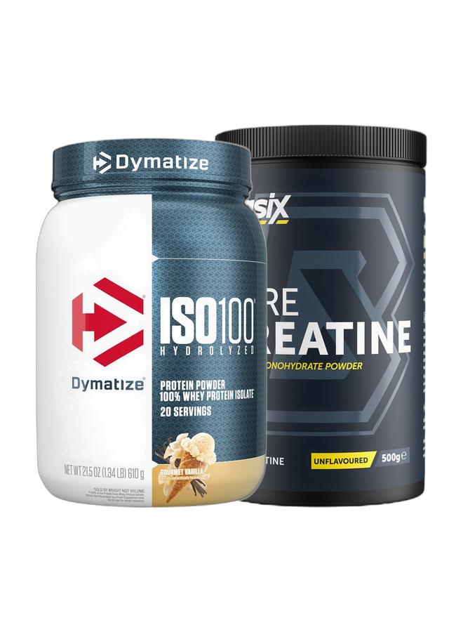 Dymatize عرض بوندي الحصري - ISO 100 - فانيليا غوروما - 1.34 رطل. 610 جرام، 20 حصة وبيسيك بيور كرياتين بدون نكهة 500 جرام - Image 1