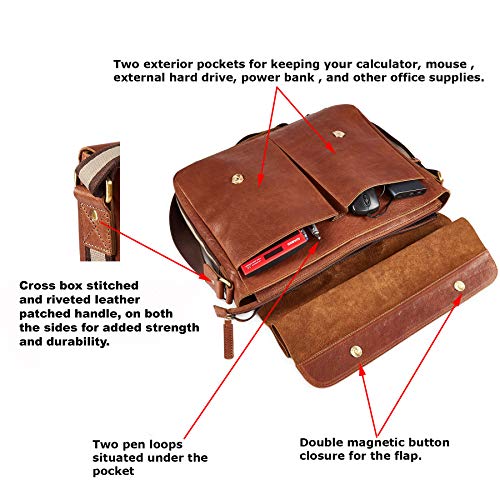 Cochoa Real Leather Laptop Bag Men Women Distressed Vintage Messenger Satchel Shoulder Bag (Cognac) - Image 3