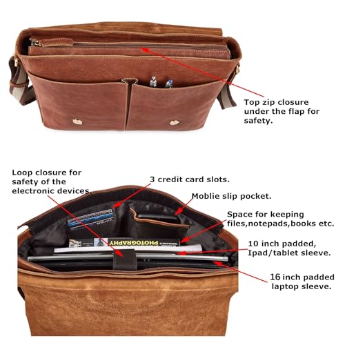 Cochoa Real Leather Laptop Bag Men Women Distressed Vintage Messenger Satchel Shoulder Bag (Cognac) - Image 4