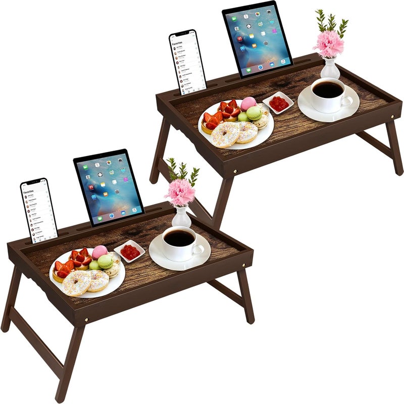 promitop 2 Pack Bamboo Breakfast Tray with Foldable Legs & Detachable Stand | Ergonomic Handle | Portable Bed Tray for Eating, Working, Laptop, Tablet, and Phone - Image 1