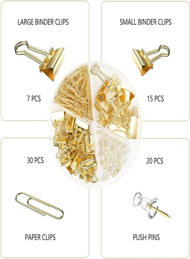 Kiwilon Paper and Binder Clips - Spine Binding Clips | Paper Clips Stationery | Push Pins for Notice Board | Metal Assorted Sized Binders | Office Supplies Stationery Kit (Gold Color) - Image 2