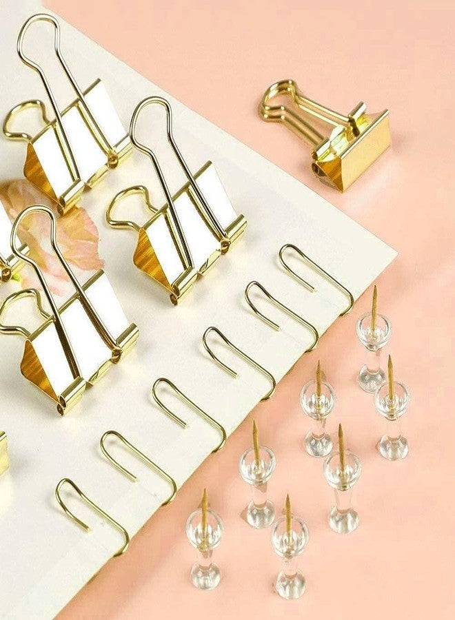 Kiwilon Paper and Binder Clips - Spine Binding Clips | Paper Clips Stationery | Push Pins for Notice Board | Metal Assorted Sized Binders | Office Supplies Stationery Kit (Gold Color) - Image 3