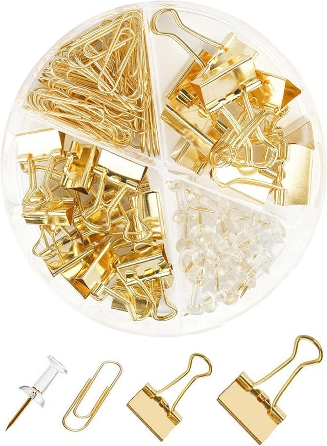 Kiwilon Paper and Binder Clips - Spine Binding Clips | Paper Clips Stationery | Push Pins for Notice Board | Metal Assorted Sized Binders | Office Supplies Stationery Kit (Gold Color) - Image 1