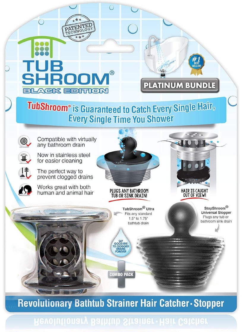 TubShroom TubShroom Tub Drain Hair Catcher Combo Pack with Silicone Stopper Black Chrome  Protector and for Bathroom Drains Fits 15 175 Bathtub Shower Drains  - Image 1