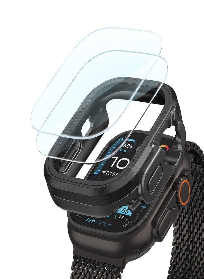 Smiling 2 Pack Screen Protector and 1 Pack Aluminum Alloy Case Compatible with Apple Watch Ultra 2/Ultra 49mm, 9H+ Screen Protector with Auto-Alignment Installation Frame, Military Grade Case, Black - Image 1