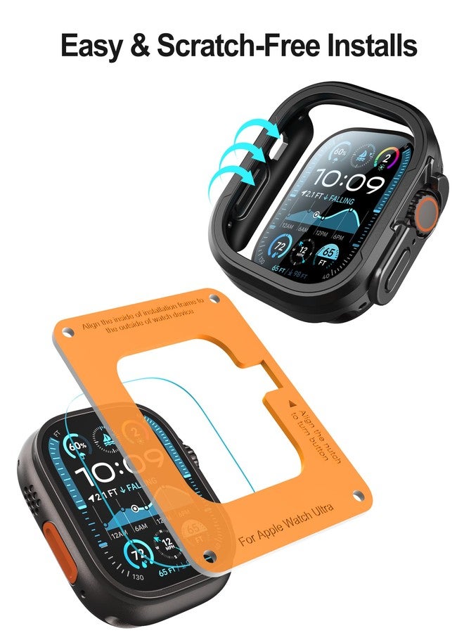 Smiling 2 Pack Screen Protector and 1 Pack Aluminum Alloy Case Compatible with Apple Watch Ultra 2/Ultra 49mm, 9H+ Screen Protector with Auto-Alignment Installation Frame, Military Grade Case, Black - Image 4
