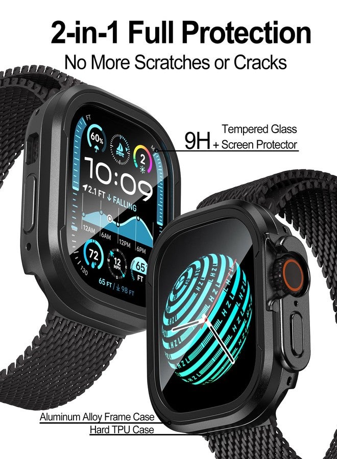 Smiling 2 Pack Screen Protector and 1 Pack Aluminum Alloy Case Compatible with Apple Watch Ultra 2/Ultra 49mm, 9H+ Screen Protector with Auto-Alignment Installation Frame, Military Grade Case, Black - Image 2