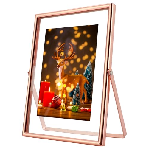 AhaGo Rose Gold Floating Frame, 5"x7", Vertical, For Picture 4x6, 3.5x5, 2x3, Tabletop Use, Classy Gift For Anniversary, Wedding or Birthday - Image 1