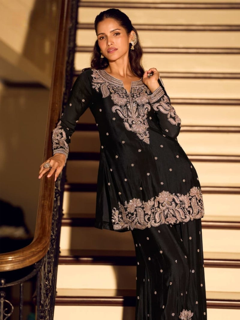ANAITA Black Chinon Free Size Stitched Suit with Embroidery & Beats Work - Image 2