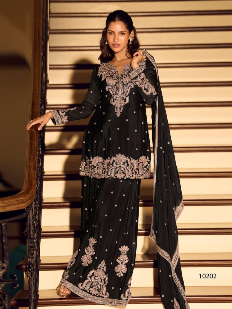 ANAITA Black Chinon Free Size Stitched Suit with Embroidery & Beats Work - Image 1
