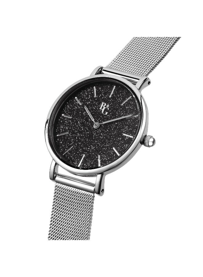 B&G Women's Black Round Analog Dial with Silver Stainless Steel Band Watch - 32mm - R3853252547 - Image 2
