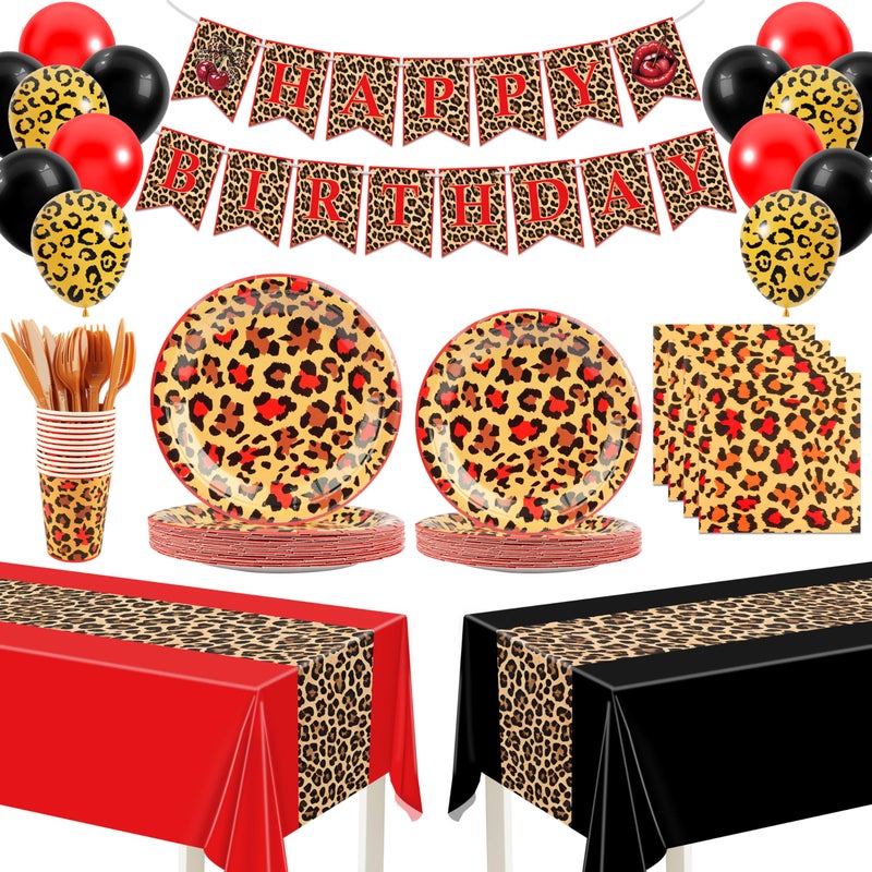 THAWAY 210Pcs Cheetah Print Birthday Decorations, Leopard Birthday Decorations Includes Cheetah and Cherry Print Balloons, Tableware, Banner Red and Black Party Decorations Supplies for Women Party - Image 1