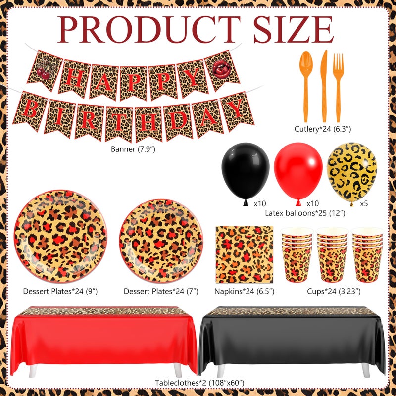 THAWAY 210Pcs Cheetah Print Birthday Decorations, Leopard Birthday Decorations Includes Cheetah and Cherry Print Balloons, Tableware, Banner Red and Black Party Decorations Supplies for Women Party - Image 3