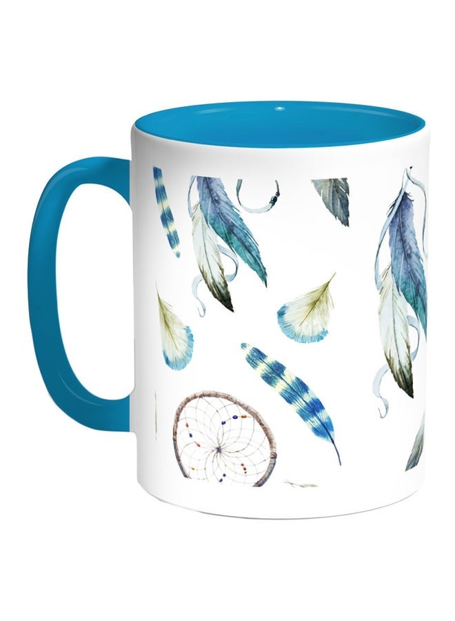 RYN Bird Feathers Printed Coffee Mug Blue/White/Grey 11ounce