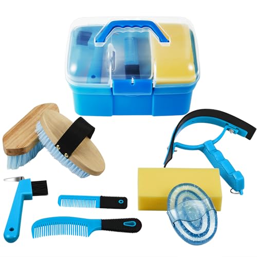 Cunhill 9 Pieces Horse Grooming Kit with Organizer Curry Comb Hard Soft Brushes Hoof Pick Sweat Scraper Sponge Grooming Supplies for Horses Riders Beginners - Image 1